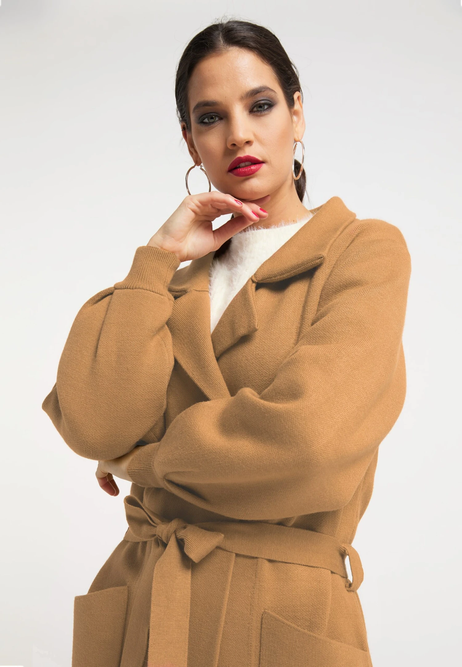 Faina Lange Vesten Gebreide Mantel Dames Lichtbruin 7 Faina Lange Vesten Gebreide Mantel Dames Lichtbruin - Afbeelding 5